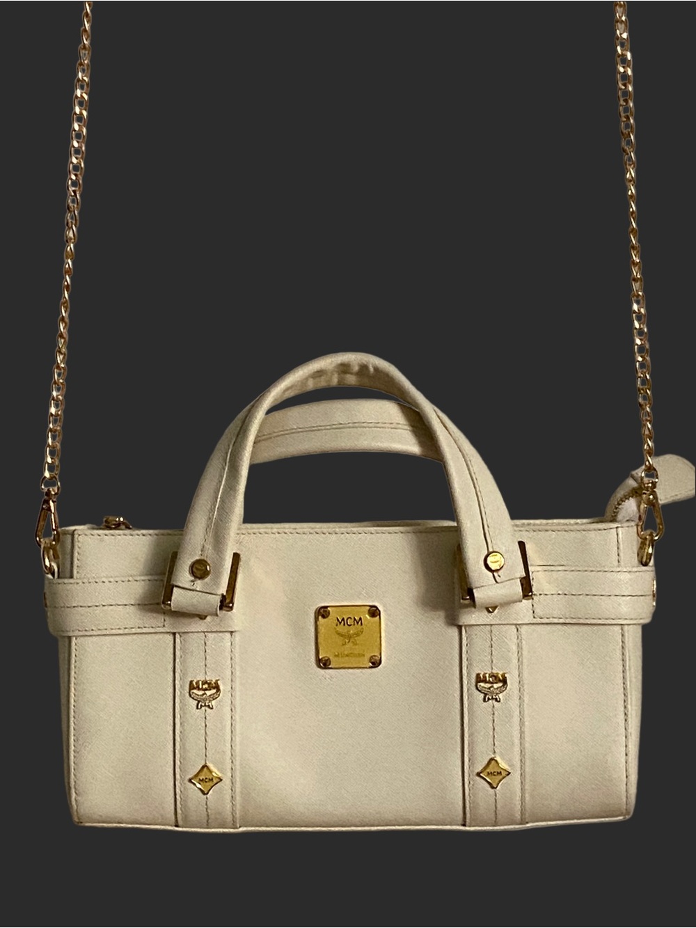 Authentic MCM Ivory Leather Boston Tote / Crossbody with Gold Hardware & Chain - Picture 6 of 16